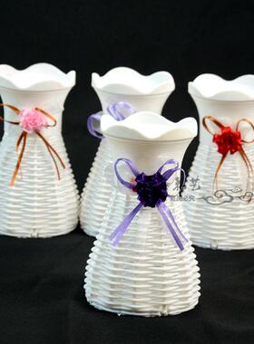 藤编现代创意桌面花器胶藤迷你小花篮 家居白色装饰花盆插花瓶