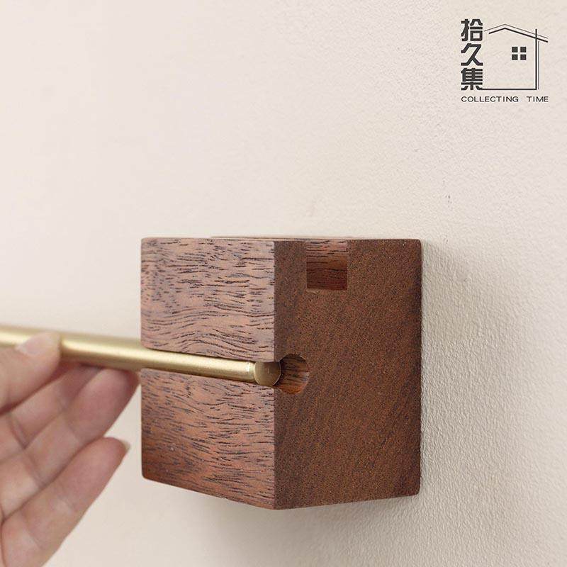 拾久集卫生间毛巾杆免打孔浴室防水实木纯铜简约置物收纳架轻奢