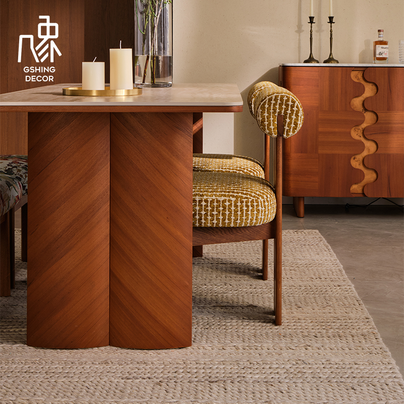 几象餐桌柚木饰面洞石岩板餐桌