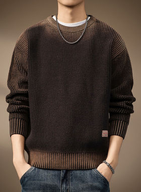 高端美式复古喷染重磅毛衣男秋冬加厚宽松潮牌休闲男士针织衫外套