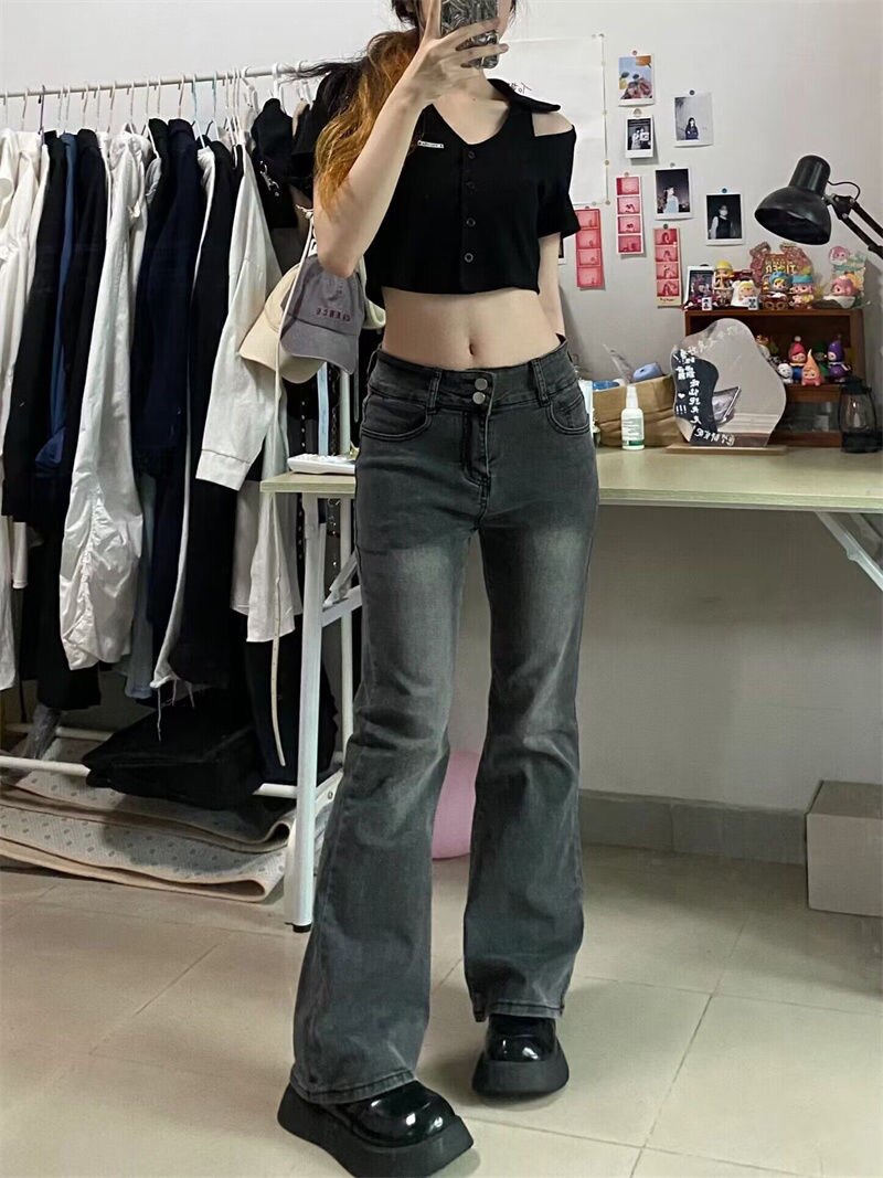适中秋夏黑灰色牛仔布喇叭长裤
