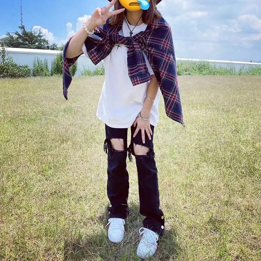 ins高街排扣黑色破洞牛仔裤女2023新款乞丐拖地长裤显瘦阔腿裤子