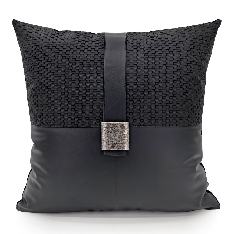 黑色系列现代简约轻奢高级感沙发抱枕编织纹理拼接靠垫套黑色皮革