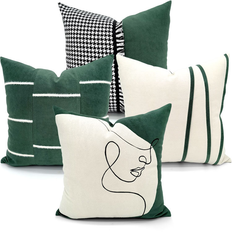 千鸟格拼接抱枕套绿色米色抱枕客厅沙发床样板房拼接靠枕轻奢靠垫