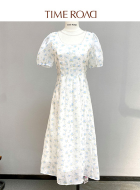 Time RoaD/汤米诺系带收腰小碎花雪纺连衣裙女夏短袖蝴蝶结小礼服