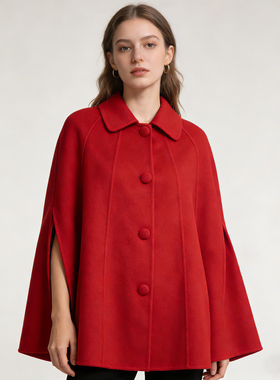 Time RoaD/汤米诺100%羊毛双面呢冬季中长款斗篷式毛呢外套女休闲