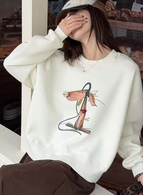 Time RoaD/汤米诺卡通风印花卫衣女冬季圆领宽松加绒百搭长袖上衣