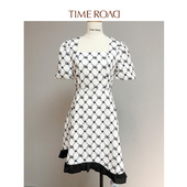 RoaD 汤米诺夏季 设计感格纹短袖 Time 裙子女刺绣法式 方领连衣裙