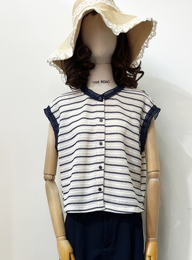 Time RoaD/汤米诺冰丝针织小开衫女2025夏新款条纹圆领小飞袖上衣