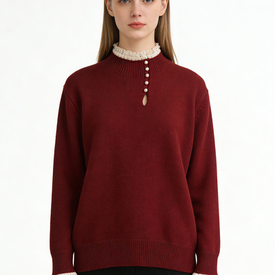 汤米诺春季高领珍珠扣蕾丝毛衣