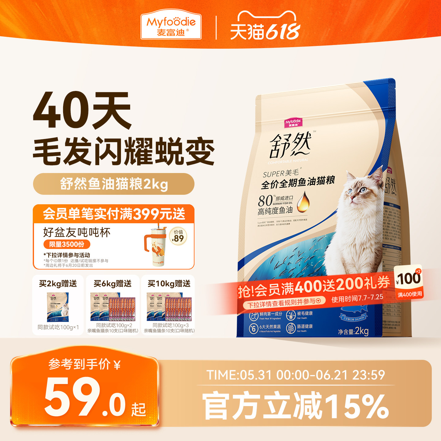 麦富迪舒然鱼油猫粮美毛靓毛添加80%高纯度鱼油成幼猫通用猫粮2kg