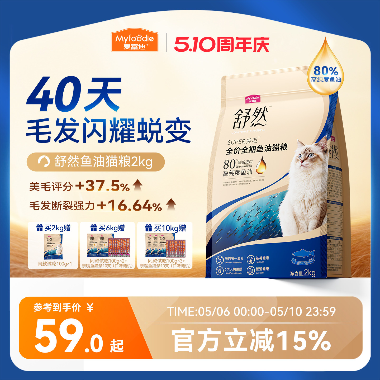 麦富迪舒然鱼油猫粮美毛靓毛添加80%高纯度鱼油成幼猫通用猫粮2kg