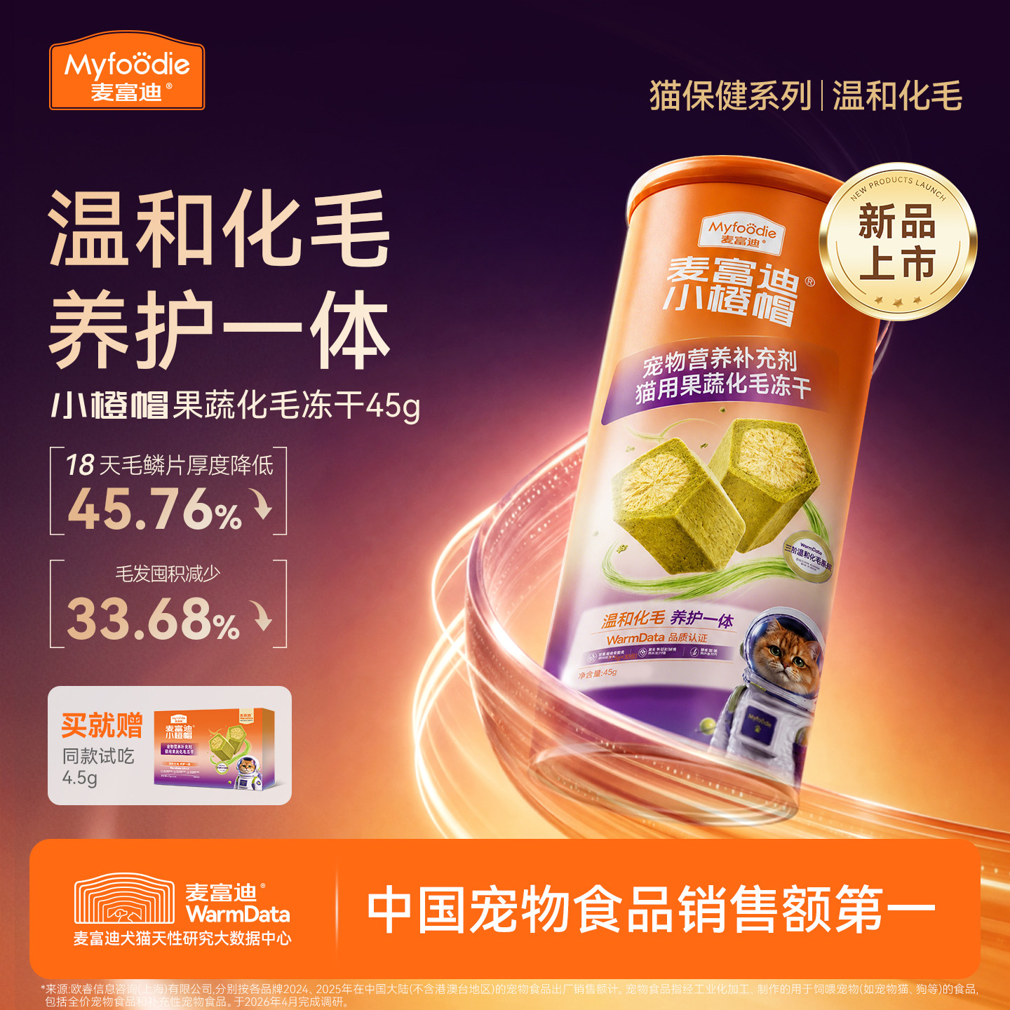 【新品首发】麦富迪小橙帽猫咪水果膳食纤维猫草化毛球冻干排毛