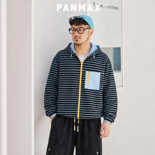 PANMAX潮牌大码男士复古条纹连帽拉链撞色拼接多口袋设计休闲夹克
