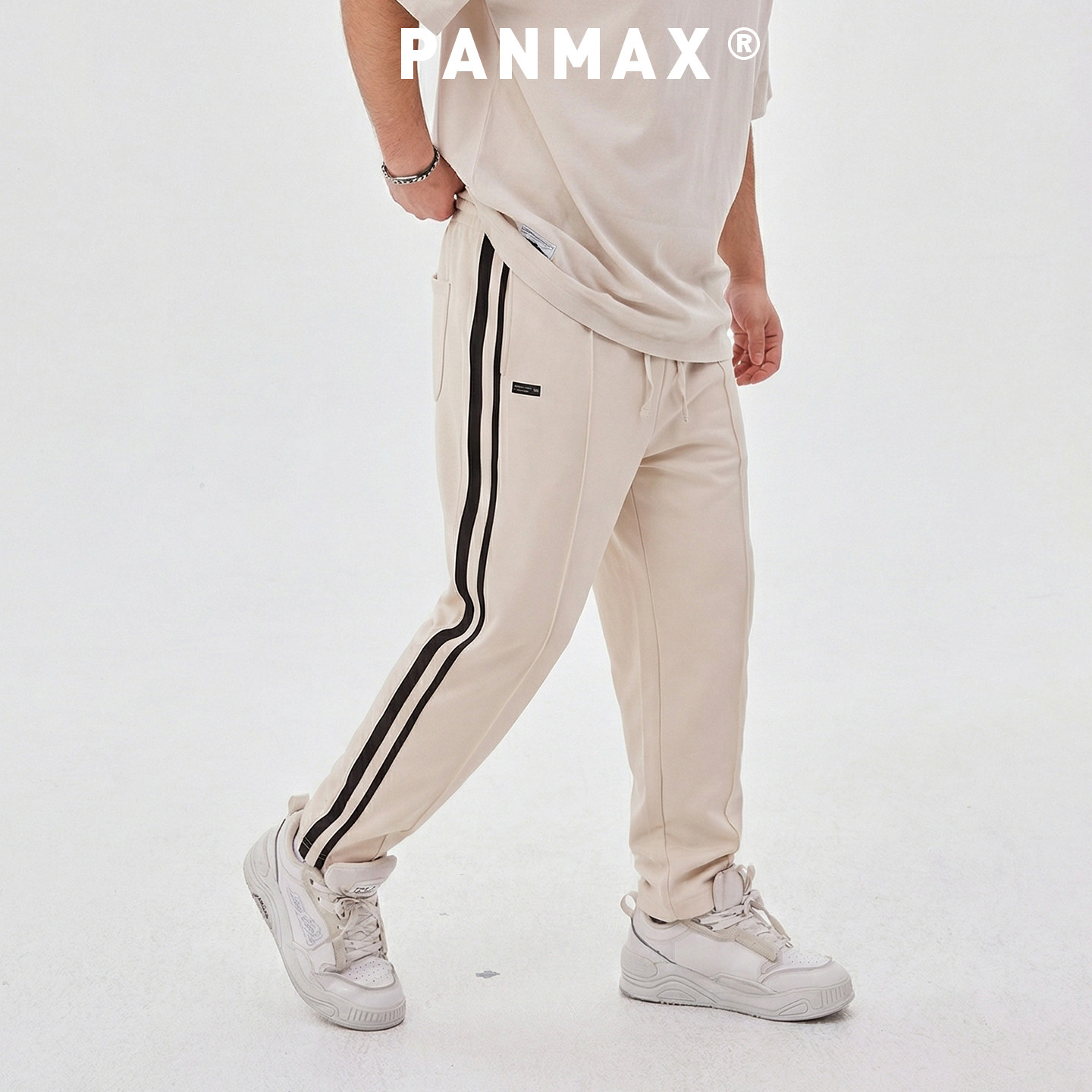 PANMAX潮牌男装春秋卫裤棉质双条纹运动休闲裤百搭直筒微收口设计