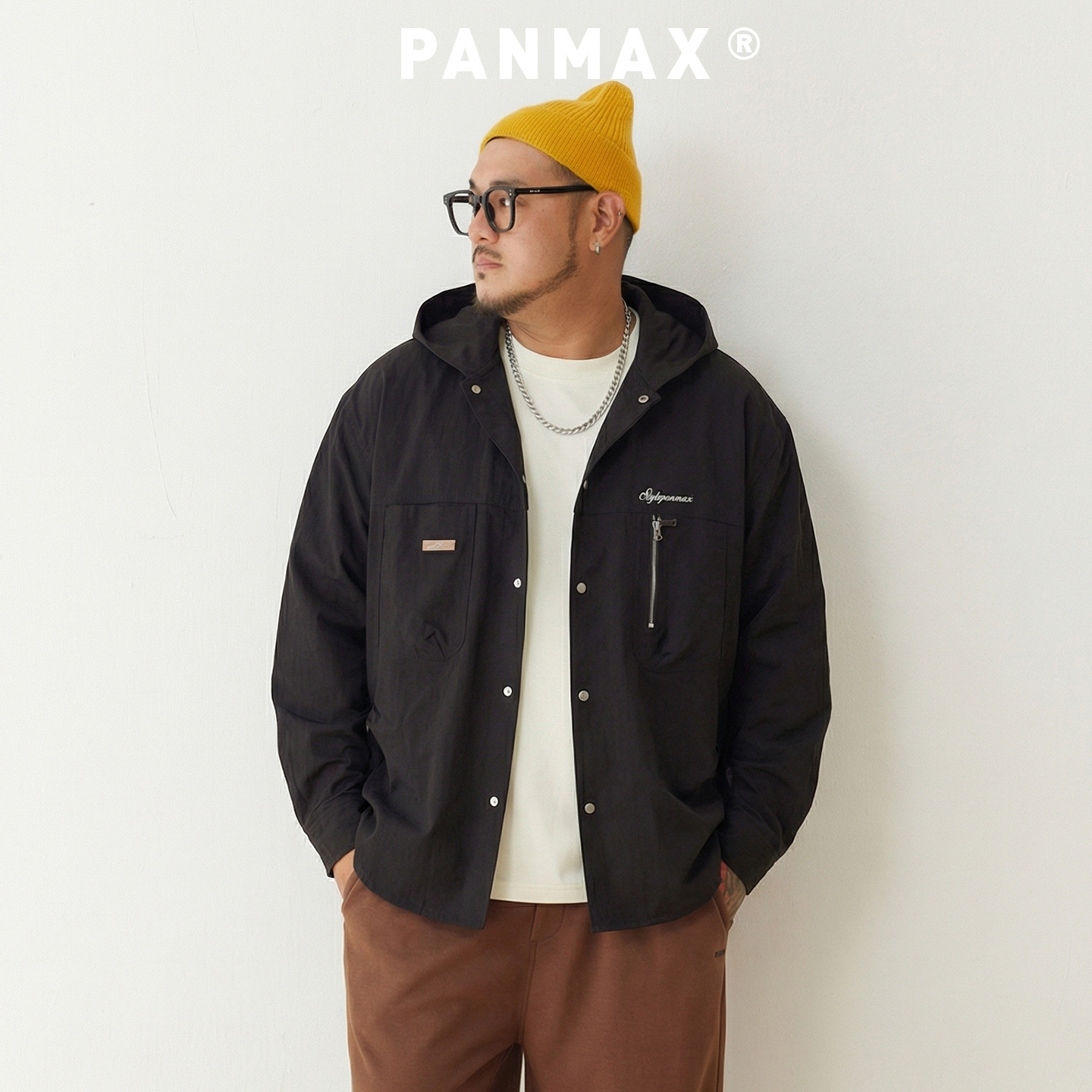 PANMAX男士2026春秋连帽外套衬衫式按扣夹克工装风双口袋轻量款