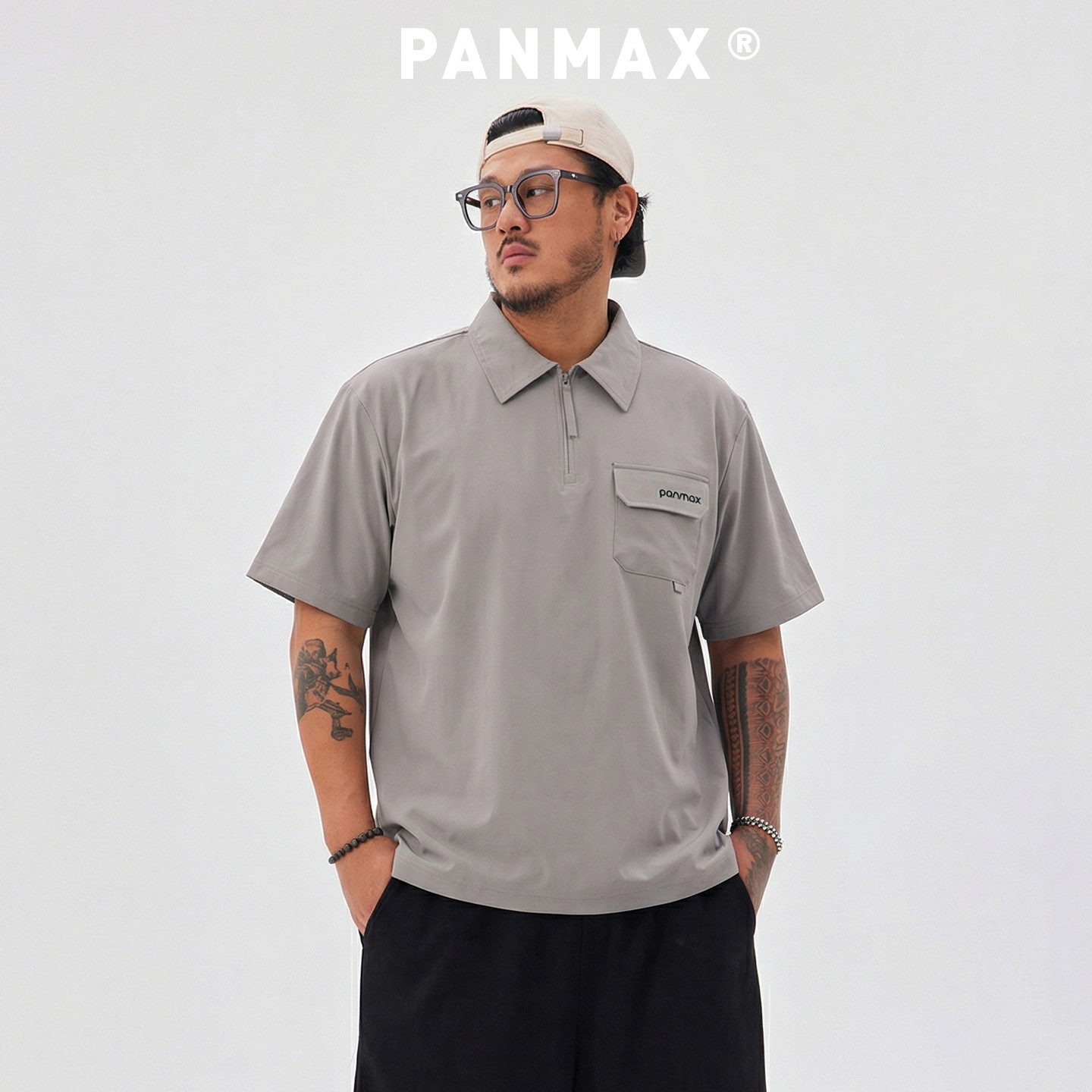 PANMAX潮牌男装春夏POLO衫翻领拉链短袖衬衫工装风胸前口袋设计感