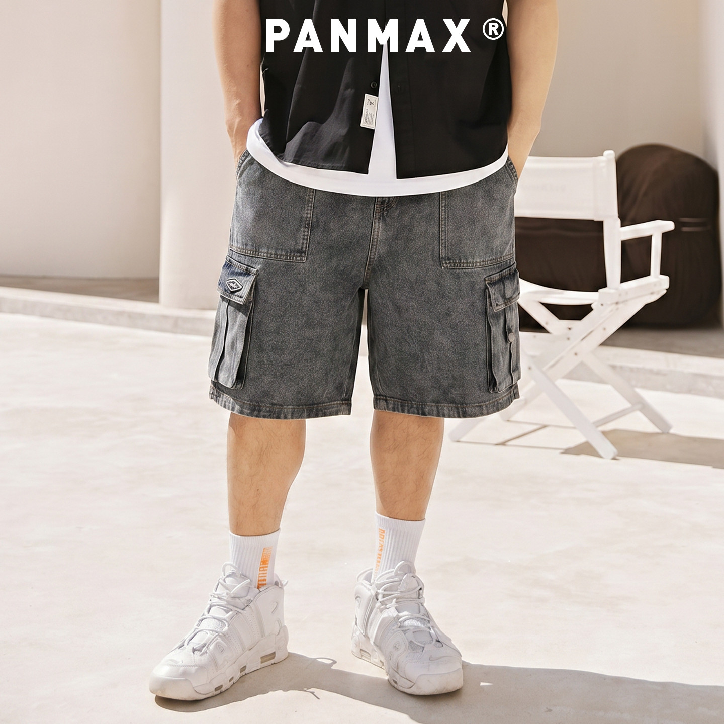 PANMAX潮牌大码男夏款酷潮牛仔短裤时尚直筒工装五分裤加大牛仔裤