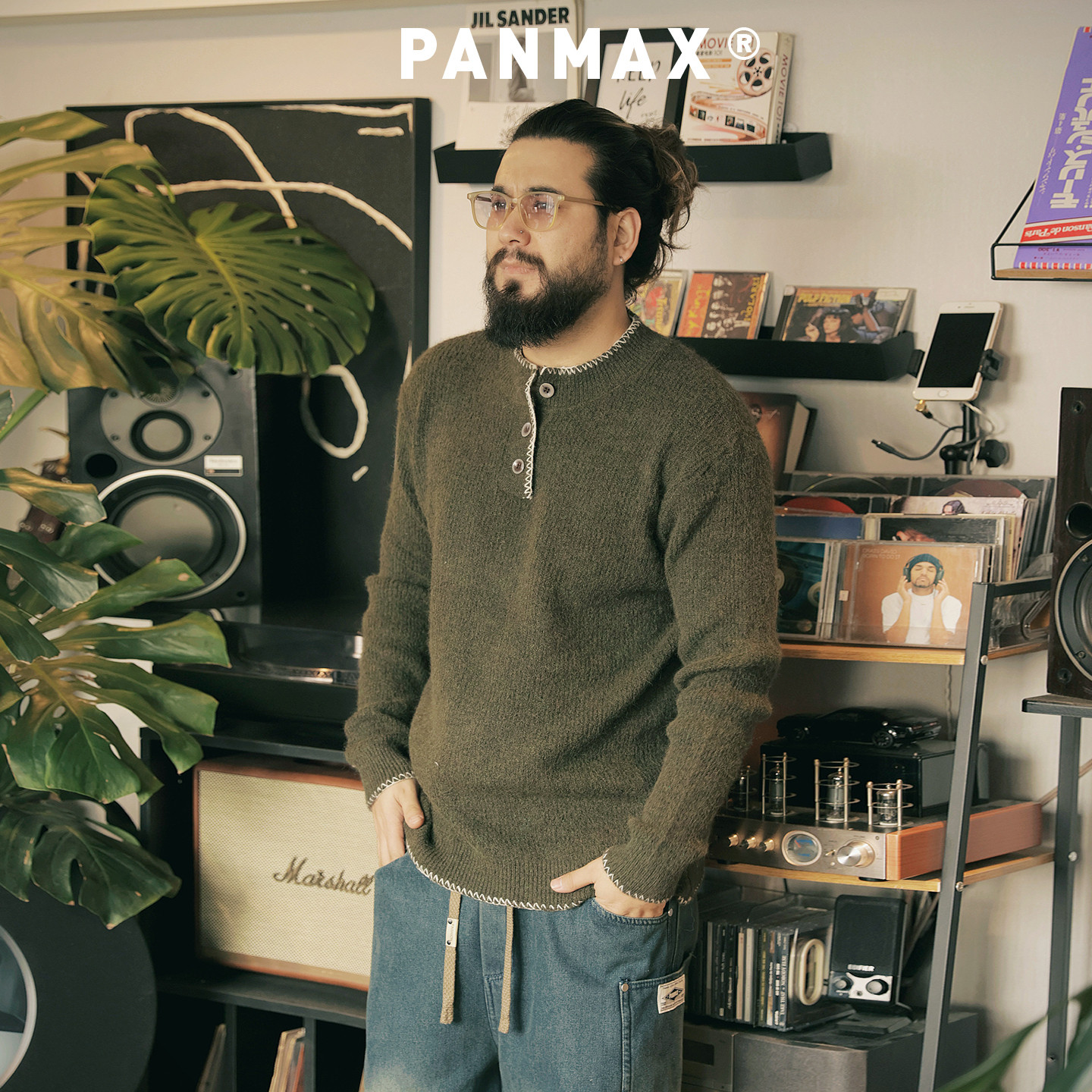 PANMAX潮牌大码男装含羊毛衣秋冬保暖针织衫男士亨利领半开襟毛衣
