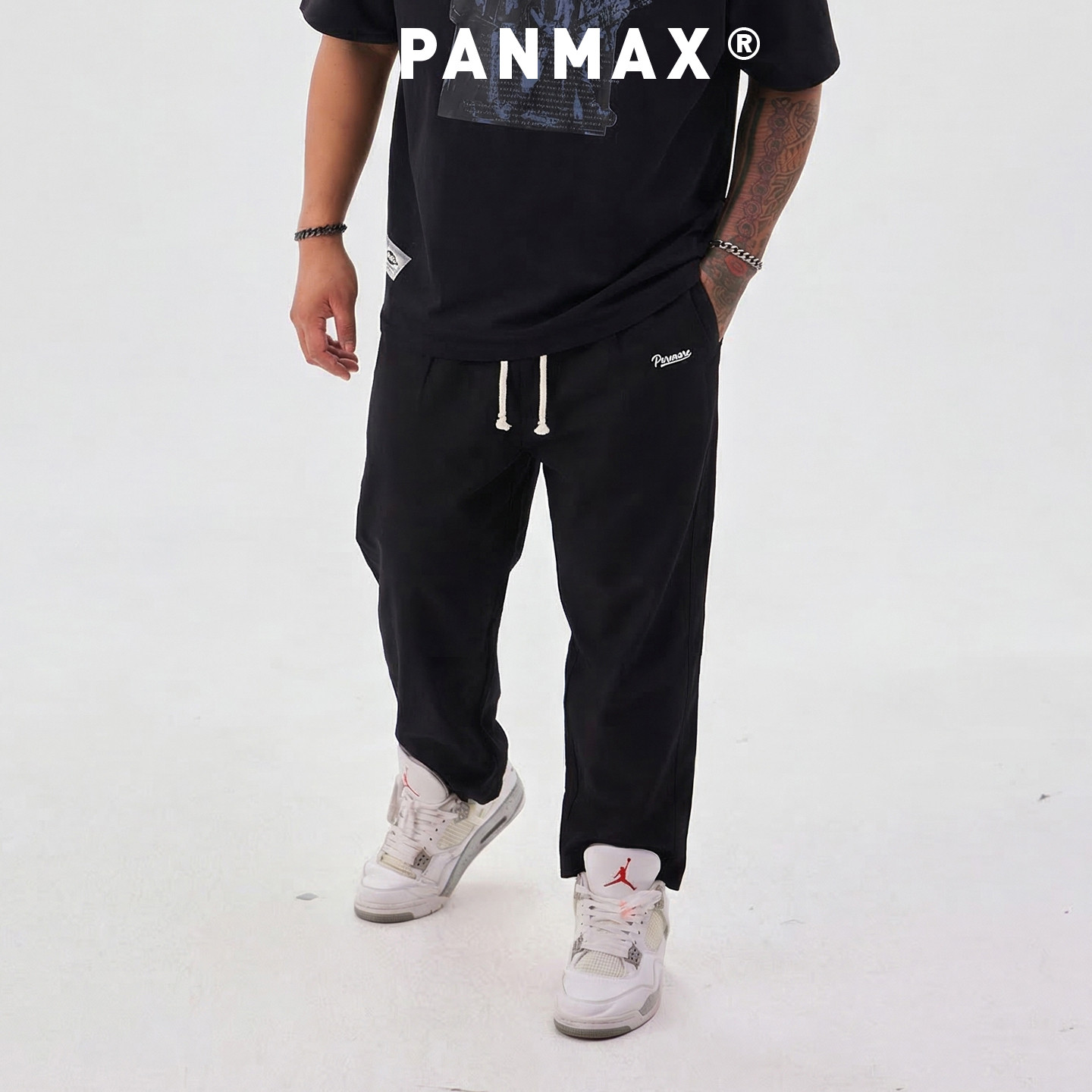 PANMAX潮牌男装2026春秋休闲宽松阔腿日常百搭薄款裤白色抽绳设计