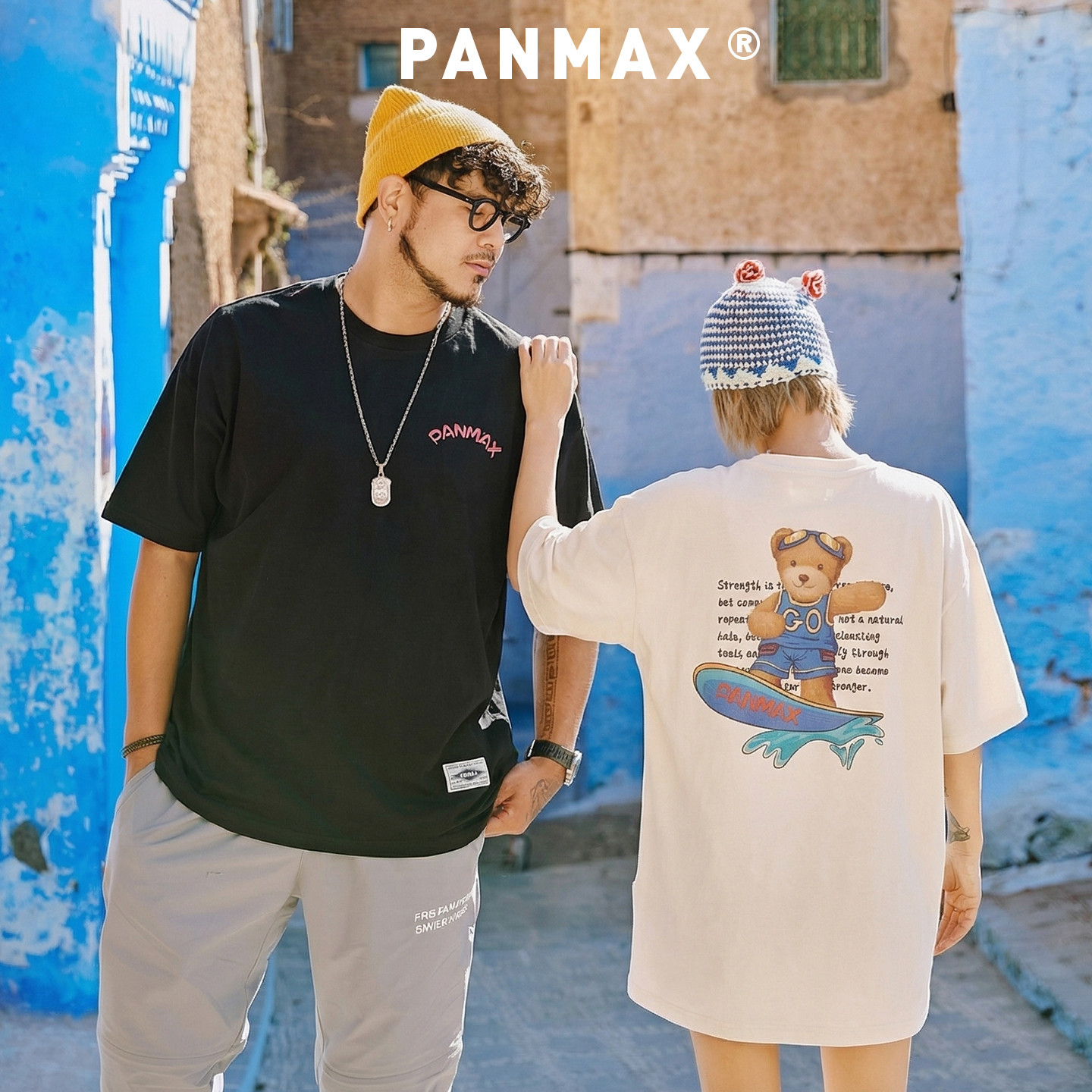 PANMAX潮牌男装夏短袖T恤纯棉百搭前后印花T恤泰迪熊联名滑板设计