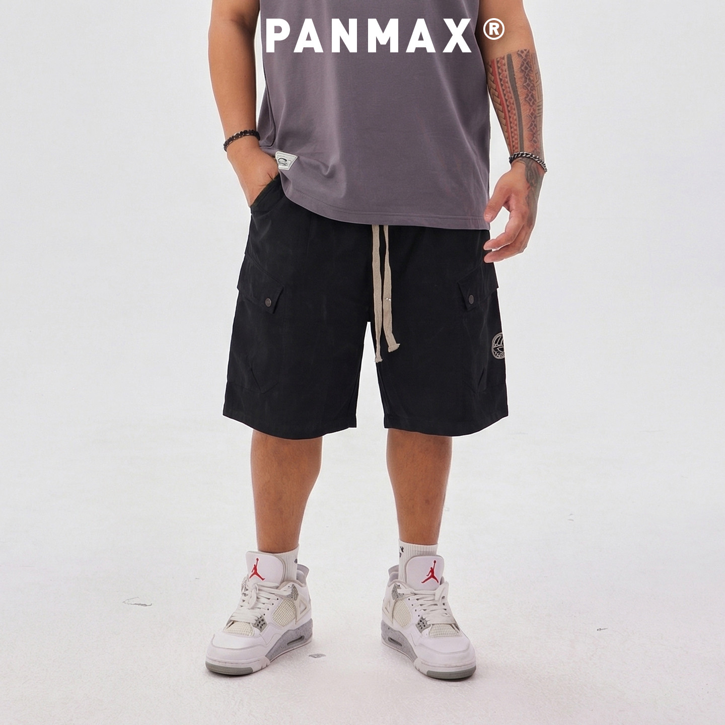 PANMAX潮牌男装春夏工装短裤纯棉图徽设计多口袋短裤水洗做旧设计