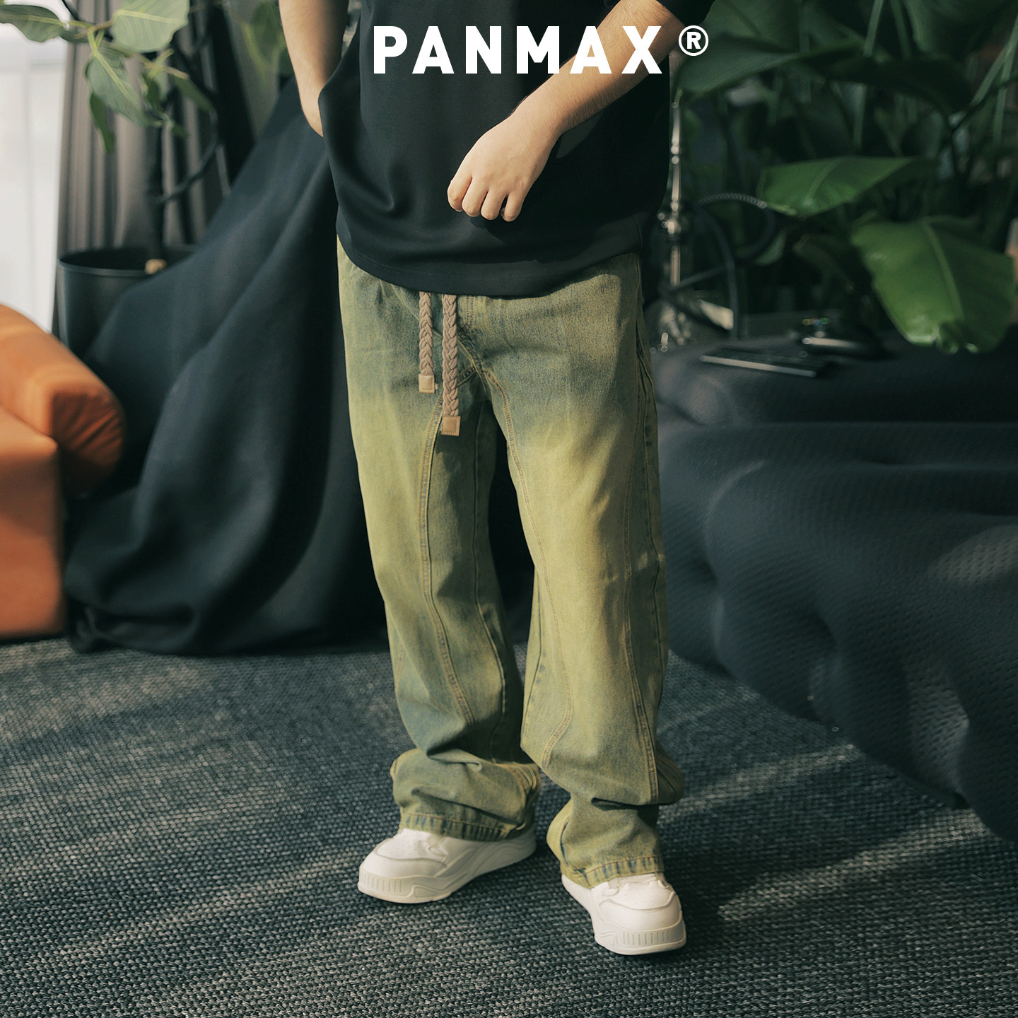 PANMAX大码潮牌男装秋季弯刀做旧复古牛仔裤立体加大高棉休闲长裤