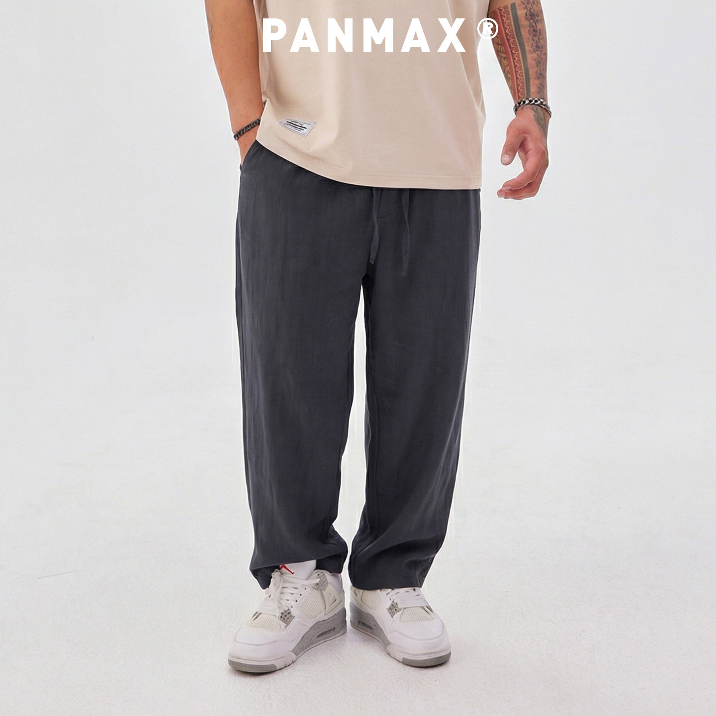 PANMAX潮牌大码男装2026夏通勤系绳时尚都市直筒裤宽松休闲裤青年