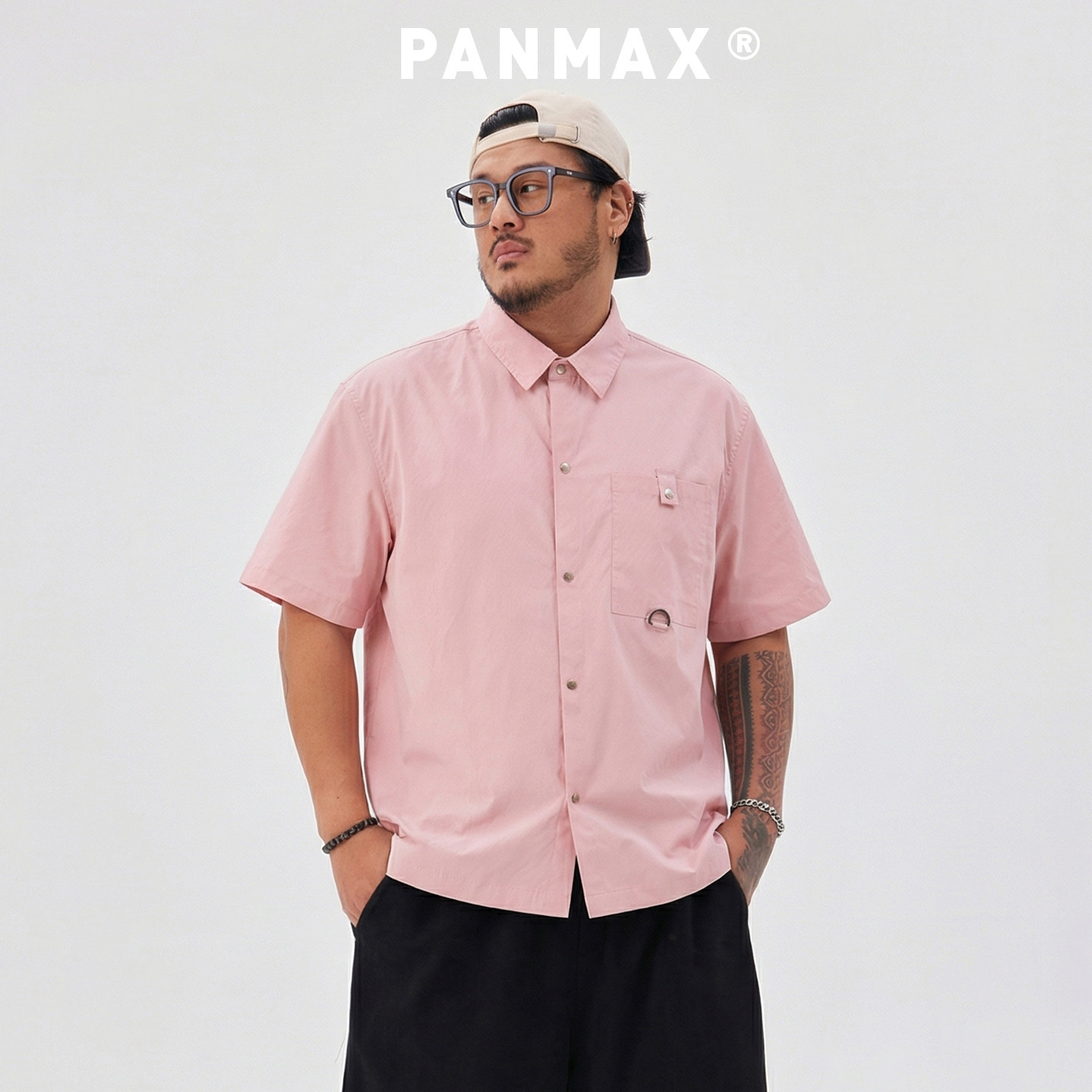 PANMAX潮牌大码男装2026夏季休闲开衫衬衫纯色青年宽松翻领短袖