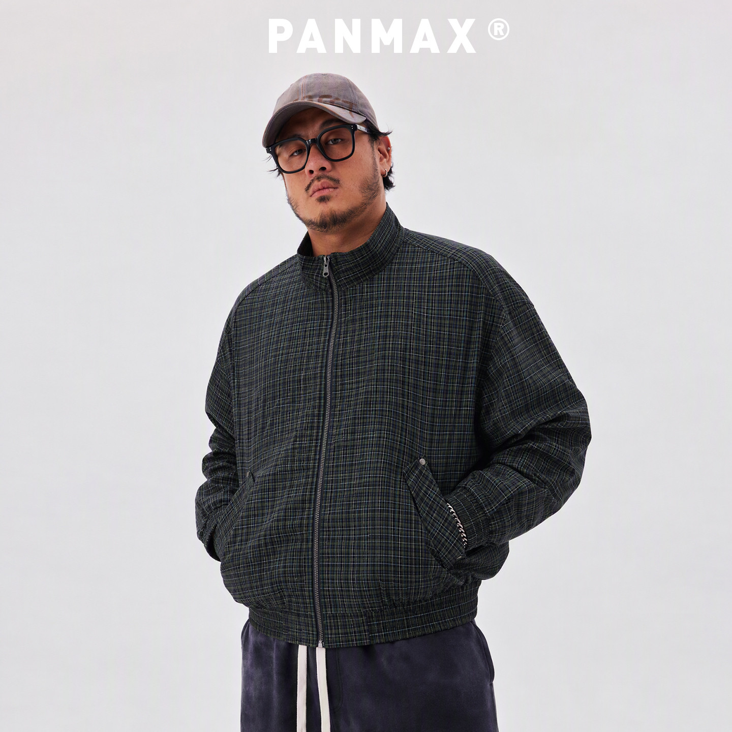 PANMAX潮牌大码男士美式复古格纹立领夹克慵懒风叠穿神器休闲上衣