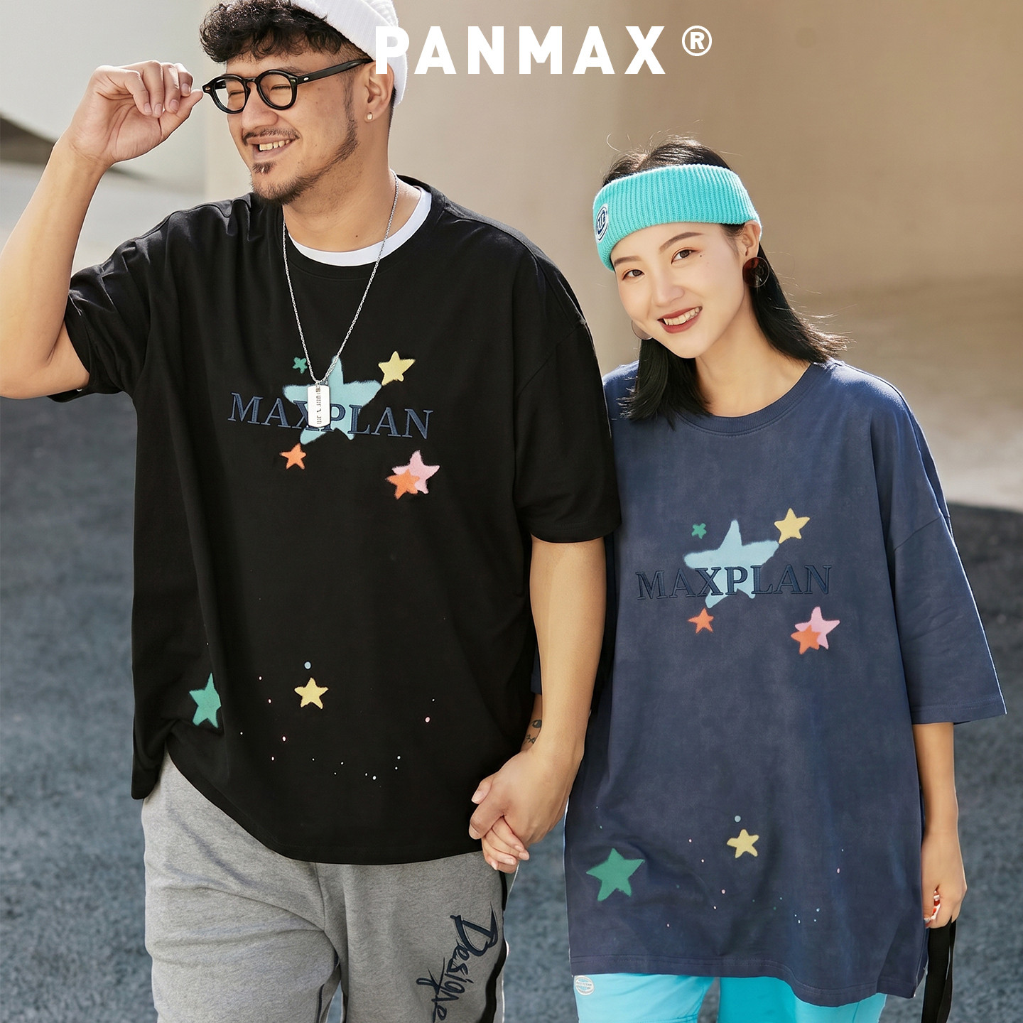 PANMAX潮牌大码男装水洗复古宽松美式高街短袖透气休闲上衣星星