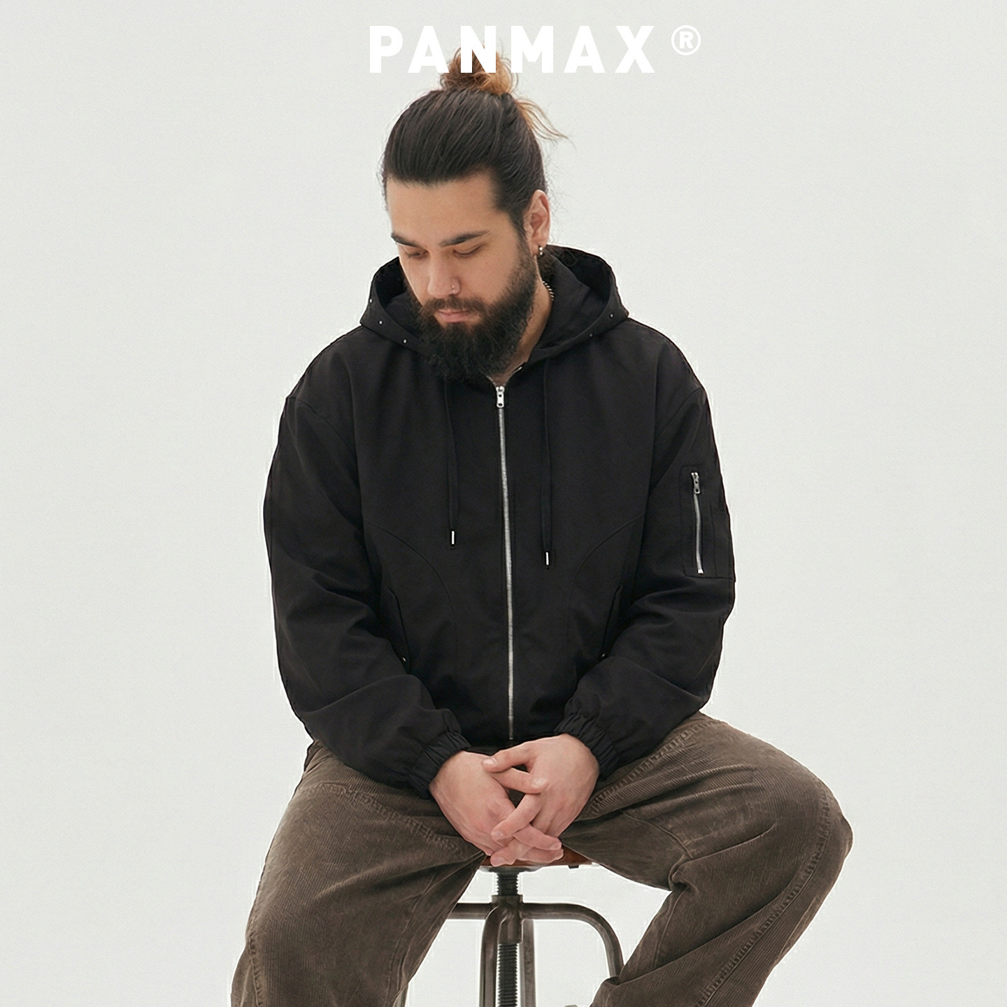 PANMAX潮牌大码男装春秋夹克复古铆钉连帽工装外套极简机能风夹克