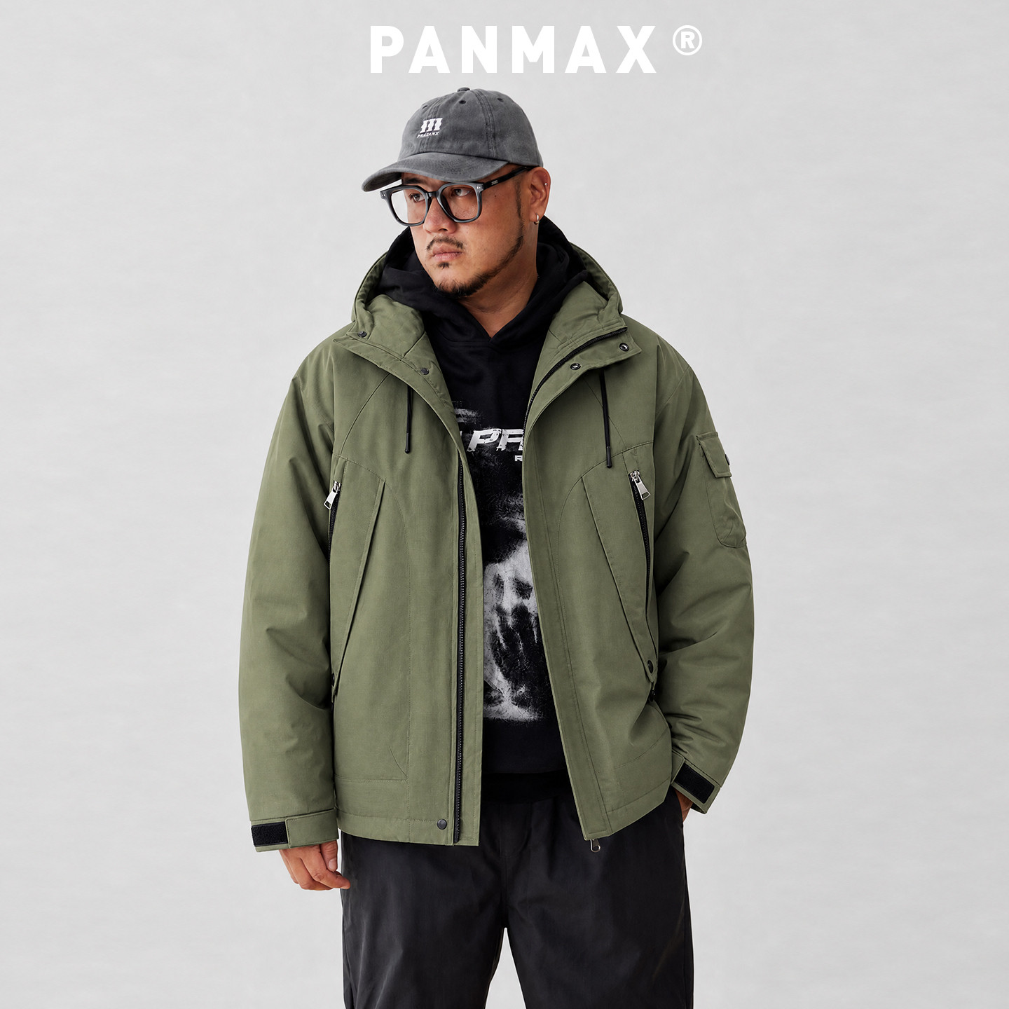 PANMAX潮牌大码男士宽松棉服连帽工装夹克宽松显瘦口袋机能风外套