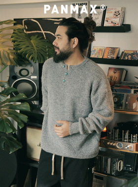PANMAX潮牌大码男装亨利领毛衣秋冬纯色保暖针织衫半开襟粗针毛衣