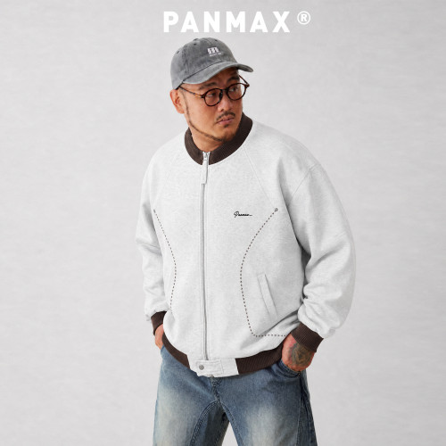 PANMAX潮牌男装浅灰拼色棒球领夹克男春季薄款拉链外套休闲外衣