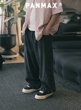 PANMAX潮牌大码男装潮牌夏新款潮酷美式直筒阔腿黑色牛仔长裤