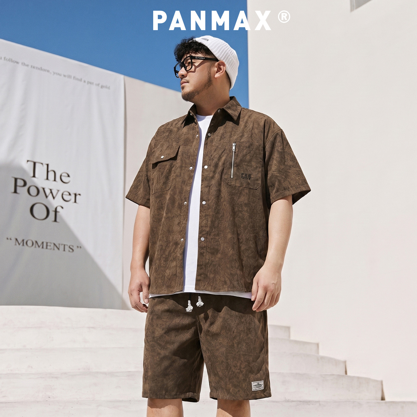 PANMAX大码潮牌男装25夏新款复古做旧短袖衬衫休闲短裤套装两件套