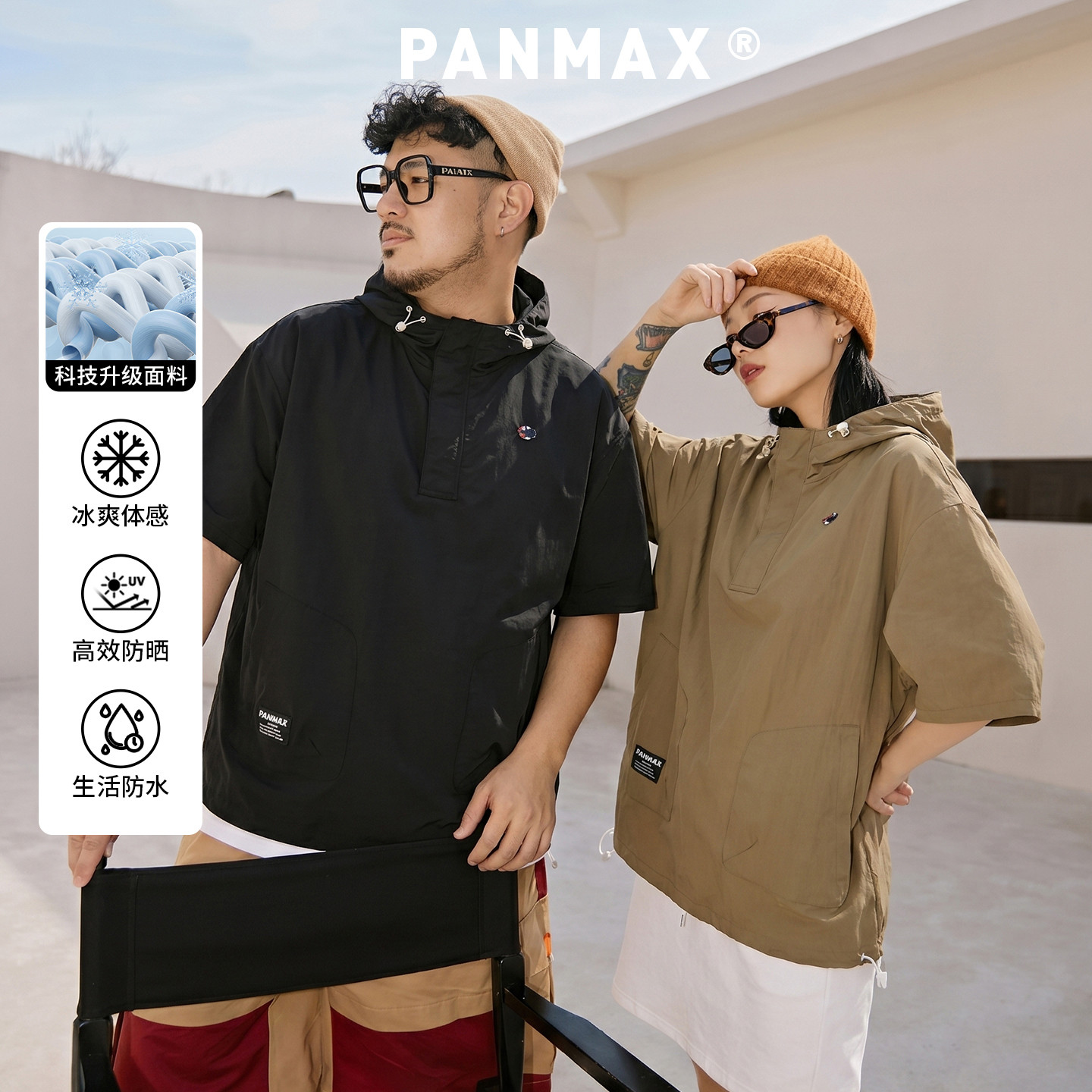 PANMAX大码潮牌男装工装小立领短袖连帽衬衫加大痞帅透气夏款半袖