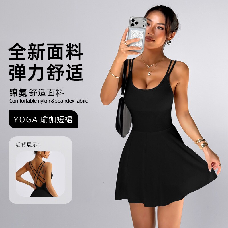 跨境瑜伽连衣裙防走光打底休闲交叉美背连体裙运动吊带裙女网球裙