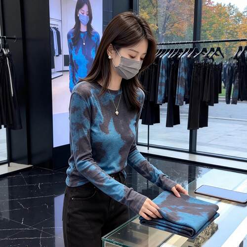欧洲站秋冬季新款时尚气质扎染印花长袖T恤女修身百搭打底衫上衣