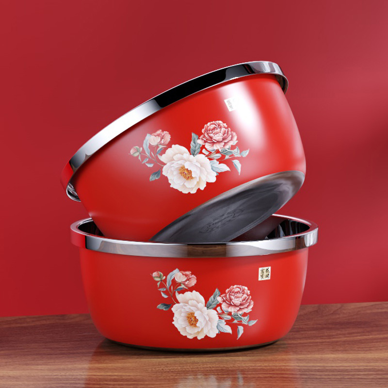 304不锈钢盆红色喜盆结婚汤盆