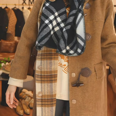 【露思同款】毛呢双面大衣牛角扣连帽格纹长款-TW