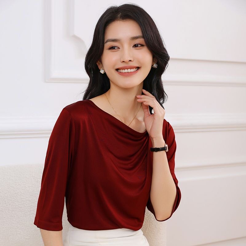 夏季醋酸缎面t恤女垂感丝滑凉感真丝短袖上衣褶皱不规则斜肩中袖