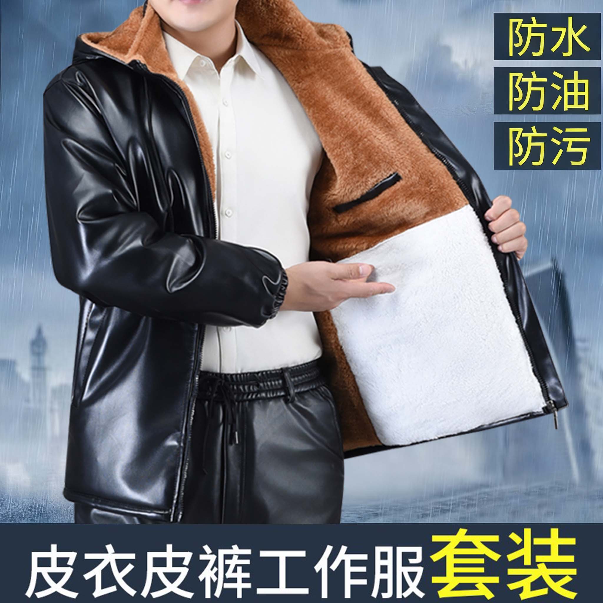 皮衣皮裤套装加绒加厚防风保暖防水外套摩托车骑行代驾外卖工作服