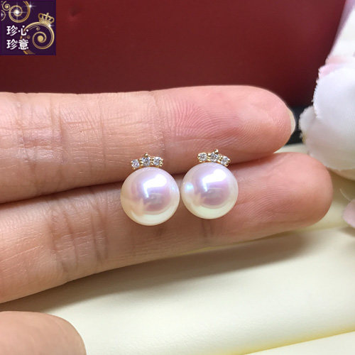 天然akoya海水珍珠耳钉18K黄金睫毛弯弯新款耳坠天女珍珠极强光