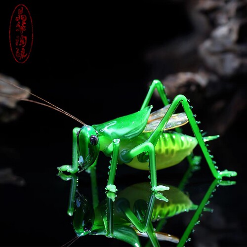 淄博琉璃蝈蝈仿真螳螂蛐蛐纯手工制绿色蚂蚱玻璃盆景创意摆件送礼