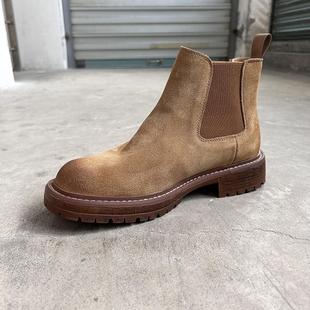 翻毛皮切尔西靴复古短筒工装 厚底真皮沙漠靴子男士 马丁靴 新款 冬季