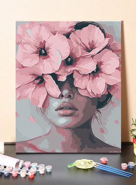 简约现代粉色花卉女孩数字油画