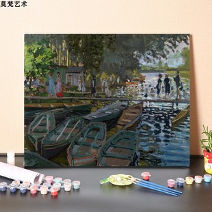 数字油画diy手工填充法国塞纳湖畔停泊风景图手绘画画涂色油彩画