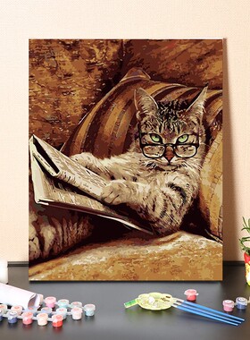 戴眼镜看书的猫咪数字油画diy